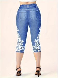 Leggings capri da donna stampa denim con motivi floreali bianchi vista posteriore