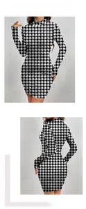 Detail of slim-fit houndstooth long-sleeve dress with high neckline and elastic fabric