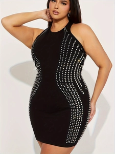 Sexy black halter neck bodycon mini dress with sparkling silver rhinestone wave patterns