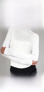 Detail shot of white ribbed long sleeve t-shirt showing textured fabric and round neckline