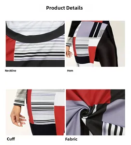 Dettagli del vestito geometrico con scollo, polsini, orlo e trama del tessuto morbido