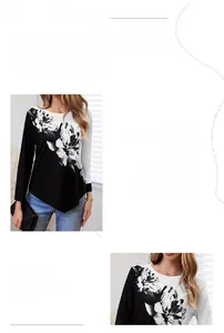 Détail d'un imprimé floral élégant noir et blanc sur un t-shirt à manches longues