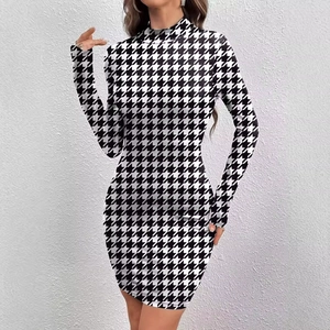 Women Houndstooth Slim Fit Long Sleeve Mock Neck Dress Elegant Bodycon Midi Dress For Office Party Fashion Polyester Outfit