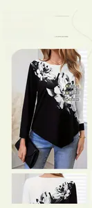 Détail de l'imprimé floral et du design color-block noir et blanc sur t-shirt manches longues