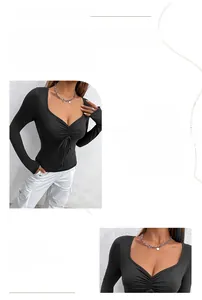 Detail of black V-neck ribbed tee with ruched drawstring and slim fit milk silk fabric