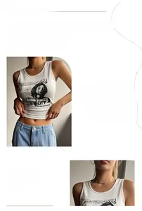 Close-up of white ribbed crop top featuring Y2K butterfly graphic and slim-fit 3D cut