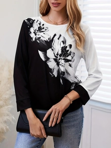 T-Shirt Décontracté à Col Rond et Manches Longues pour Femmes Bloc de Couleur Noir et Blanc Imprimé Floral Top Élégant