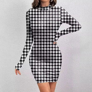 Slim fit houndstooth print mini dress with long sleeves and high neck for women