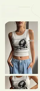 Close-up of Y2K ribbed cotton crop top with portrait and butterfly graphic print