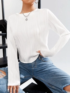 Women's Casual Rib-Knit Long Sleeve T-Shirt Round Neck Solid Color Polyester Slim Fit Pullover Autumn Basic Top White