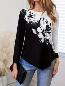 Haut à manches longues pour femmes avec imprimé floral élégant noir et blanc