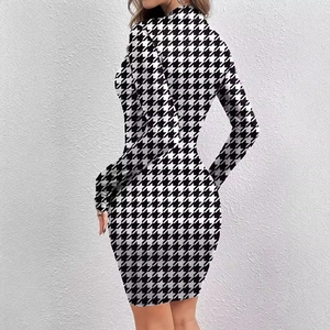 Elegant slim fit long sleeve houndstooth dress with black and white classic pattern
