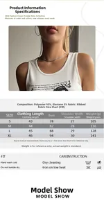 Size guide for Y2K rib-knit crop tank top with letter print and fabric composition details