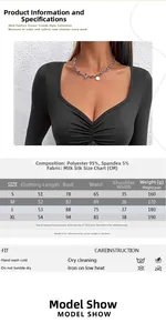 Size chart and fabric details for V-neck slim fit long sleeve shirt with ruched design
