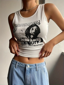 Y2K Vintage Racerback Tank Top For Women Ribbed Knit Sleeveless Crop Top With Figure Butterfly Graphic Print Streetwear Sexy Vest