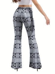 Women high waist flare pants featuring chic black and grey geometric zigzag pattern