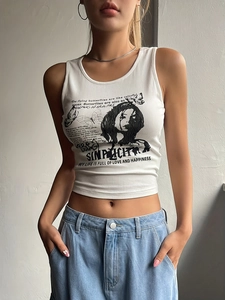 Y2K vintage white ribbed crop top with retro portrait and butterfly graphic print