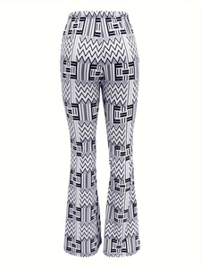High-waisted flare pants for women with geometric black and white ethnic pattern print