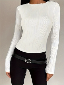 White ribbed long sleeve crew neck t-shirt for women with slimming vertical texture