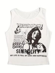 White ribbed tank top with Y2K butterfly graphic and portrait print for women