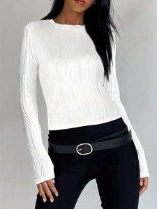 Slim fit white long sleeve T-shirt for women with unique vertical pleated texture