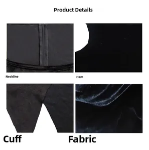 Détails de la robe gothique en velours montrant l'encolure, l'ourlet, les poignets et le tissu