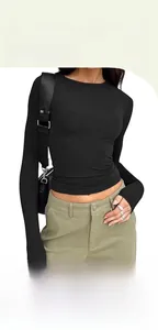 Close-up of a black slim fit crew neck long sleeve shirt with ribbed fabric detail