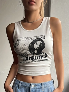 Y2K vintage white ribbed crop tank top with aesthetic portrait print and letter graphics