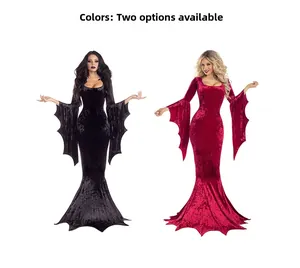 Détails de robe gothique en velours avec manches chauve-souris et coupe sirène évasée