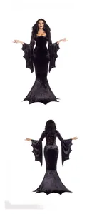 Détail d'une robe sirène gothique en velours noir avec des manches chauve-souris