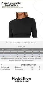 Detailed size chart for women's slim fit long sleeve crop top with fabric specifications