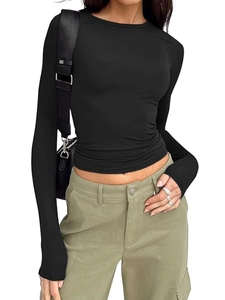 Women Slim Fit Long Sleeve Crop Top Basic Crew Neck Milk Silk Brushed T-Shirt Y2k Fashion Commute Layering Top For Women
