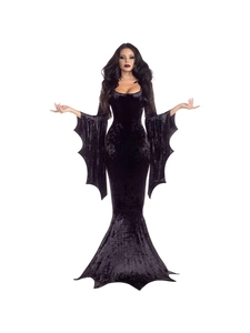 Robe Gothique en Velours pour Femmes Costume de Sorcière Vampire Halloween Manches Chauve-souris Coupe Ajustée Ourlet Dentelé