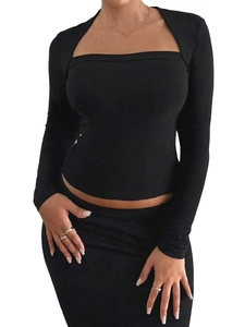 Women Slim Fit Square Neck Long Sleeve Top Elegant Solid Color Ribbed Milk Silk Fabric Fashion Base Layer Shirt For Lady