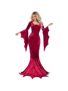 Robe gothique en velours rouge avec manches chauve-souris et coupe sirène de fête