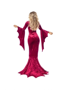 Robe gothique en velours bordeaux avec manches chauve-souris et coupe sirène Halloween