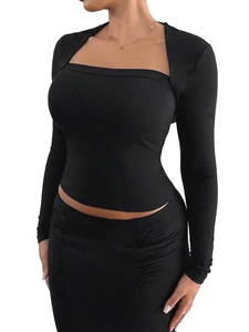 Slim fit black knitted long sleeve two-piece set with square neck for women