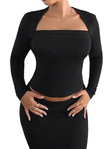 Chic black two-piece knit set featuring a square neck long sleeve top and slim midi skirt