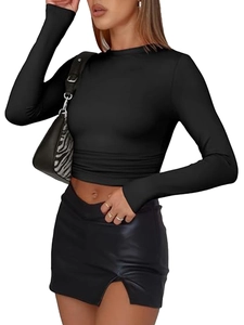 Slim fit long sleeve turtleneck crop top and black leather split skirt outfit for women