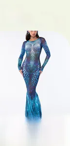 Detail of mermaid scale print long sleeve bodycon dress with vibrant fish scale texture
