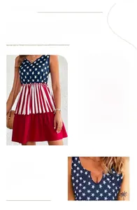 Détail de la robe sans manches col V avec motif drapeau américain et taille élastique ajustée