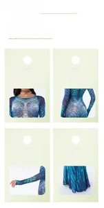 Detail view of fish scale print dress featuring a slim waist and mermaid blue gradients