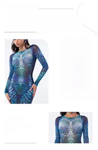 Close-up of 3D fish scale print and round neckline on mermaid style long sleeve bodysuit