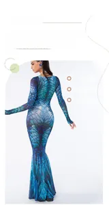 Detailed back view of mermaid fish scale printed long sleeve bodycon dress with fishtail hem