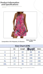 Detailed size chart for bohemian halter neck sleeveless dress with paisley pattern print