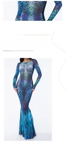 Detail view of fish scale print on long sleeve mermaid dress with sleek back cut