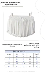 Size chart and fabric details for women breathable running yoga sports shorts with inner liner