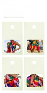 Vue détaillée du paréo bikini tie-dye coloré montrant le décolleté et la taille