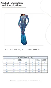 Size chart showing S to XXL measurements for mermaid fish scale print long sleeve dress