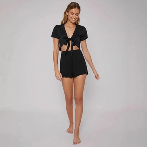 Completo Donna Manica Corta Scollo V Fiocco Frontale Crop Top E Pantaloncini Vita Alta Gamba Larga Tinta Unita Abbigliamento Estivo Casual